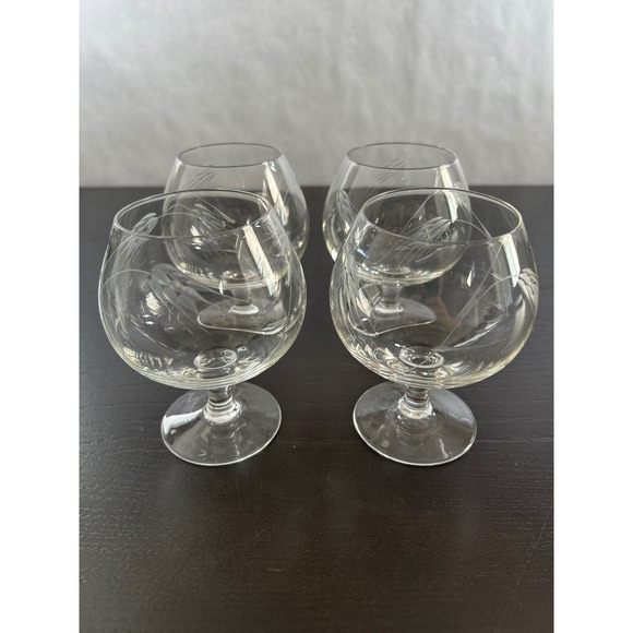 Libbey Other - Vintage Libbey Wheat Etched Brandy Snifters MCM 4 Clear Glass Cognac Glasses
